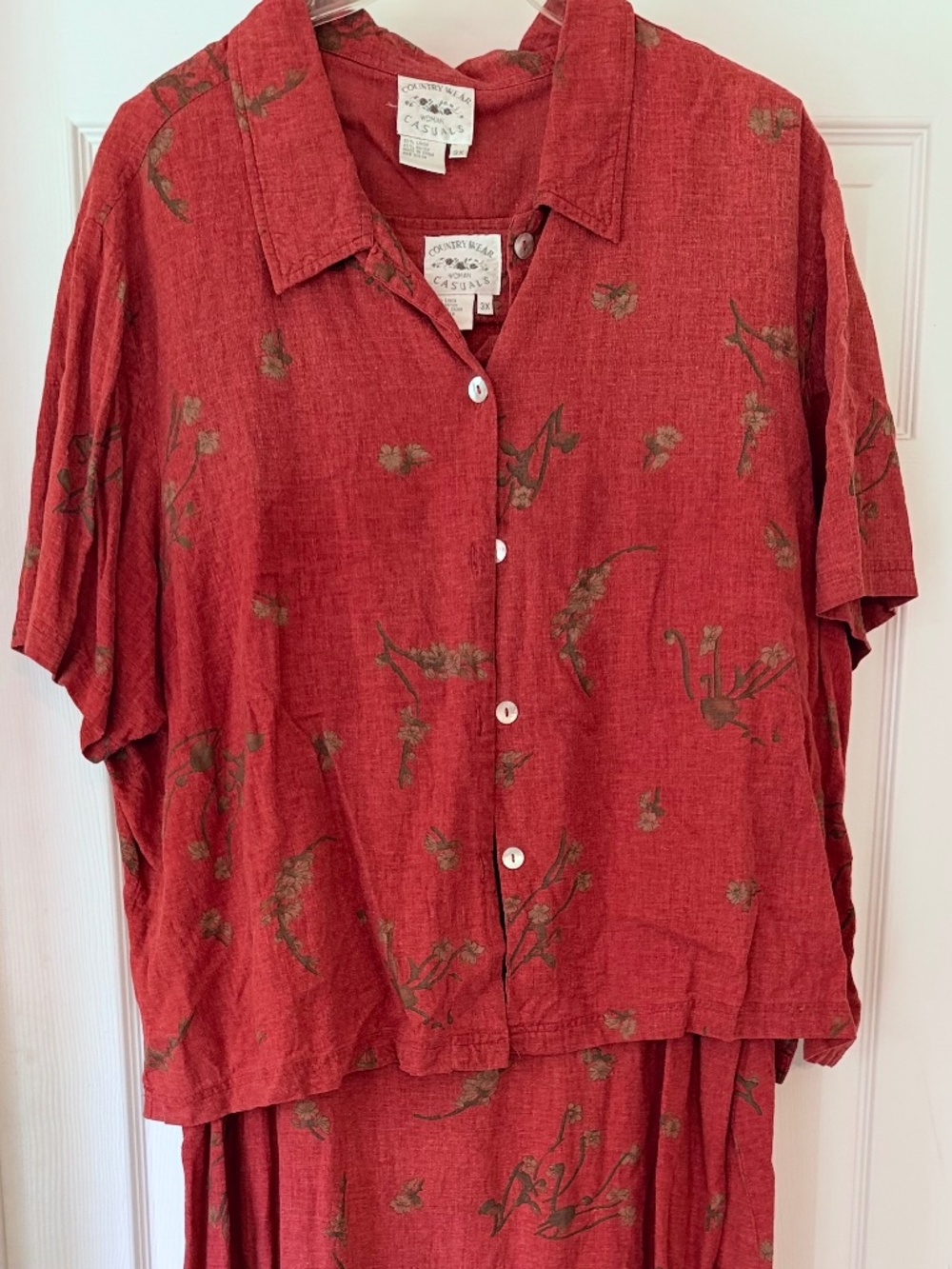 Country Wear Woman 2pc Linen Blend Floral Dress and Shirt Set Red Plus 3X